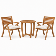 Front | two matching acacia armchairs and the round radial-slat table on a clean studio ground