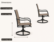 Dimensions | two brown sling swivel dining armchairs with 17.3 inch seat height, 24 inch arm height, and 20 inch depth callouts