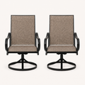 Studio front | two brown sling swivel dining armchairs with black curved arms and round bases on a clean background