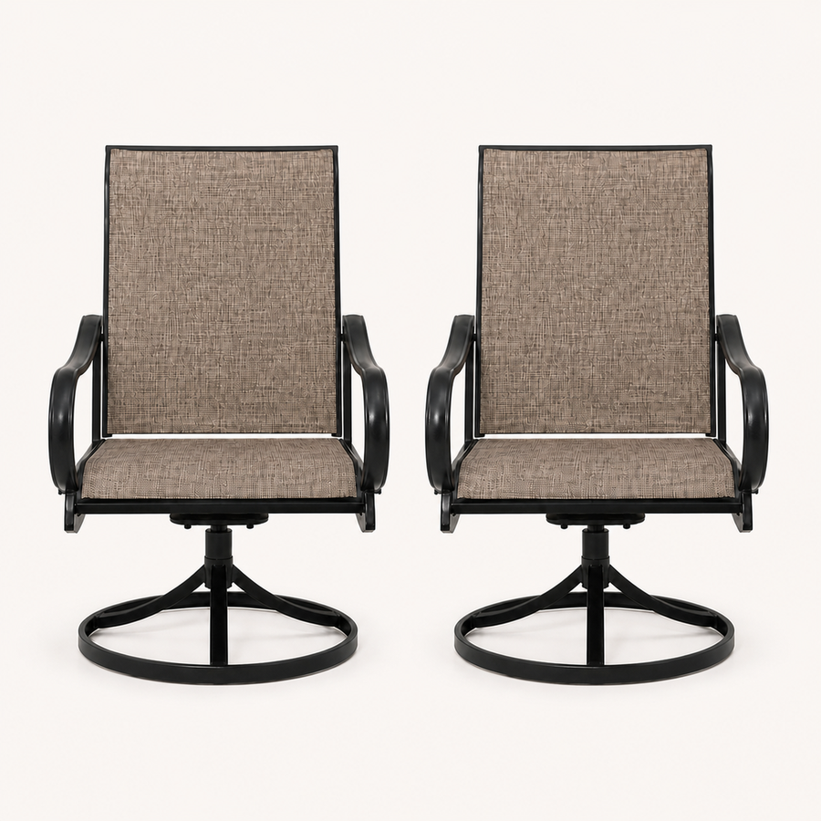 Studio front | two brown sling swivel dining armchairs with black curved arms and round bases on a clean background