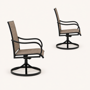 Studio side | two brown sling swivel dining armchairs in true side profile showing seat depth and curved arms