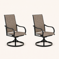 Studio three-quarter | two brown sling swivel dining armchairs showing seat depth, curved arms, and round bases