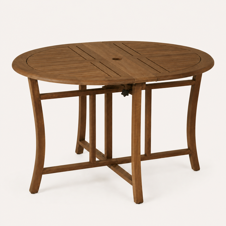 Angle | Three-quarter studio view with slatted top, umbrella hole, curved legs, and locking knob