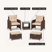 Key heights | complete set with 14.57-inch seat, 2.3-inch cushion, 16.93-inch table, and 10.83-inch ottoman callouts