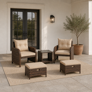 Covered patio scale view | complete five-piece set beside fully visible black French doors