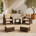 Sunlit courtyard | complete brown wicker five-piece conversation set with beige cushions, two chairs, two ottomans, and glass table