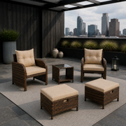 Rooftop terrace | complete set on a pale gray rug beneath a black pergola and cool city skyline