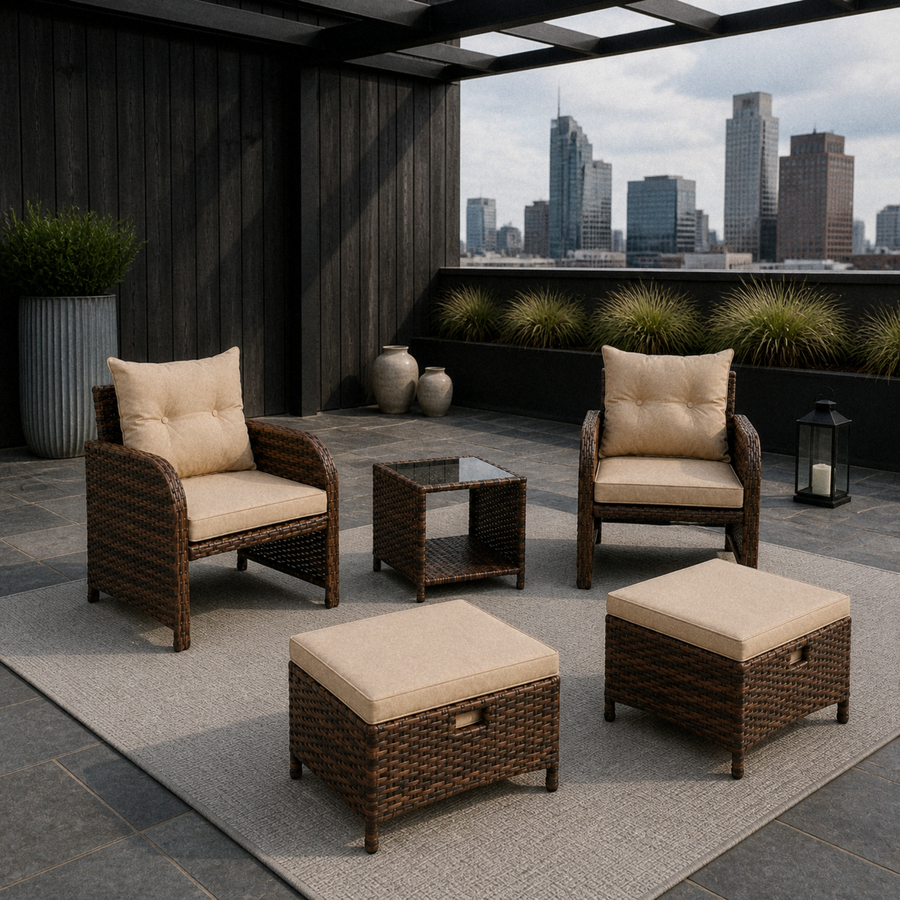 Rooftop terrace | complete set on a pale gray rug beneath a black pergola and cool city skyline
