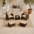 High courtyard angle | complete five-piece set in a sunlit Mediterranean courtyard with every piece separated and visible