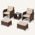 Three-quarter studio view | complete five-piece set with wicker weave, tufted cushions, glass top, and open table shelf visible