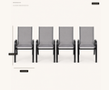 Dimensions | four Gray stacking armchairs with drawn callouts for 36 inch height, 21.25 inch width, and 29 inch depth