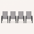 Front | four Gray stacking armchairs aligned in a clean front studio view, showing gray sling seats and black frames