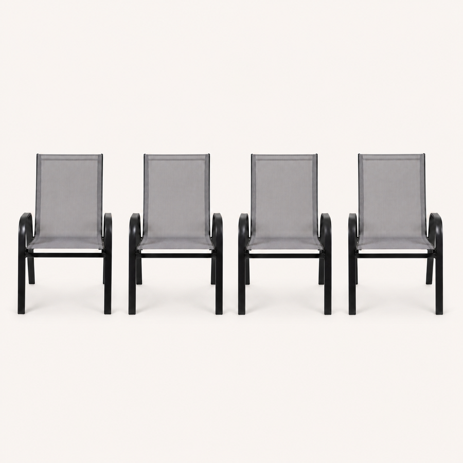 Front | four Gray stacking armchairs aligned in a clean front studio view, showing gray sling seats and black frames