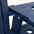 Close view | Navy HDPE tray-to-chair joint with two stainless fasteners and a tray hole