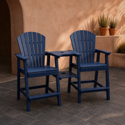 In a room | The connected pair on a dark clay-paver courtyard, both tray tiers and umbrella holes visible