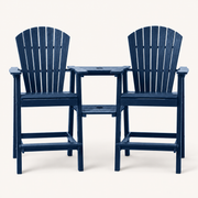Front | Two navy blue HDPE bar-height Adirondack chairs and both connecting tray tiers, front elevation on an off-white studio ground