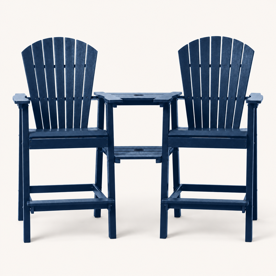 Front | Two navy blue HDPE bar-height Adirondack chairs and both connecting tray tiers, front elevation on an off-white studio ground