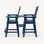 Side profile | Two bar-height chairs joined by tray tiers, reclined back profiles, arm depth and footrest bars visible
