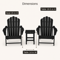 Dimensions | dimensions diagram of black Adirondack chair seat and black side table height and width