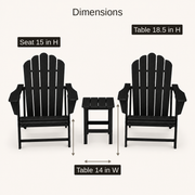 Dimensions | dimensions diagram of black Adirondack chair seat and black side table height and width