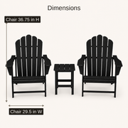 Dimensions | dimensions diagram of two black Adirondack chairs with chair height and width callouts