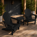 In a room | charcoal cedar porch with two black Adirondack chairs and a black square side table