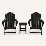 Front | studio front view of two black Adirondack chairs with a black square side table