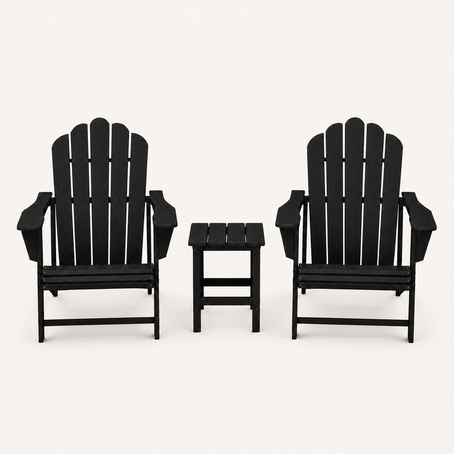 Front | studio front view of two black Adirondack chairs with a black square side table