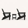 Side | studio side profile of two black Adirondack chairs and black square side table