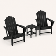 Studio | studio three-quarter view of two black Adirondack chairs and a black square side table
