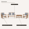 Dimensions | published loveseat, each chair, and coffee table dimensions on full-set studio plate