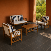 Terracotta courtyard | complete acacia loveseat, two club chairs, and coffee table in a shaded courtyard