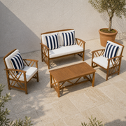 Complete set | high three-quarter terrace view of loveseat, two club chairs, and coffee table