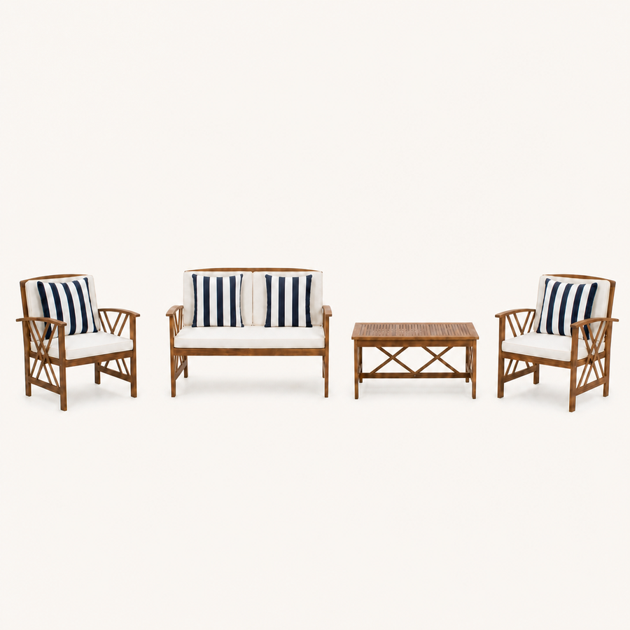 Studio front | acacia loveseat, two club chairs, and slatted coffee table with beige cushions and navy-and-white striped pillows