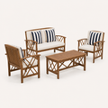 Studio profile | rear and side view of acacia loveseat, chairs, and slatted coffee table