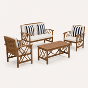 Studio profile | rear and side view of acacia loveseat, chairs, and slatted coffee table