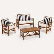 Studio angle | three-quarter view of acacia loveseat, two club chairs, and slatted coffee table