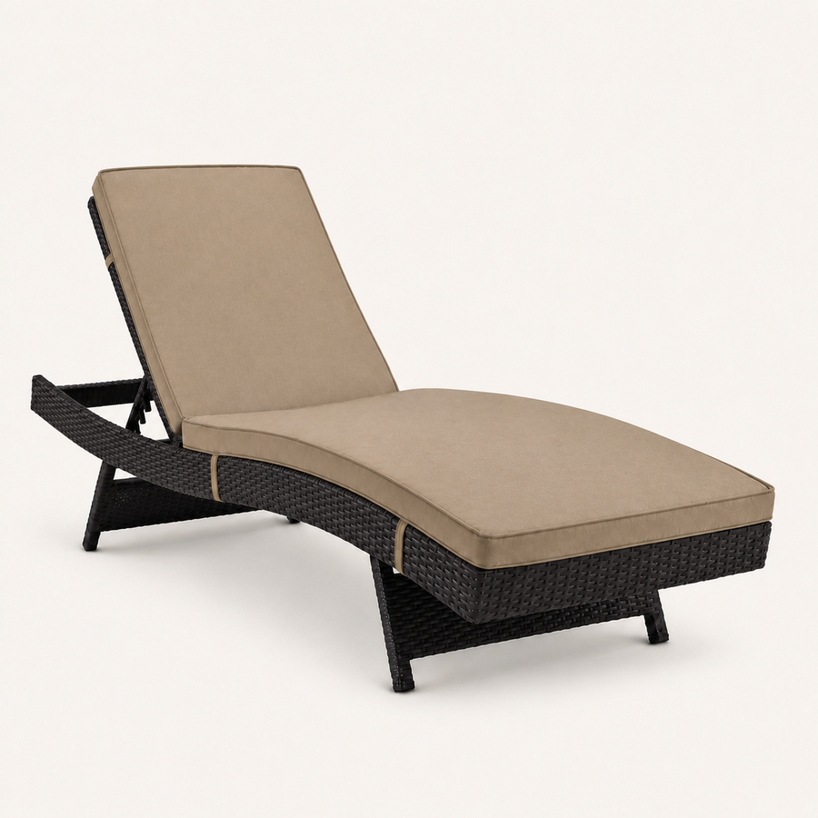 Front | foot-end studio view of the dark woven chaise lounge with its two Mocha cushions and curved seat