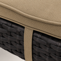 Texture | close-up of the Mocha cushion weave, piping, tan strap and dark flat wicker strands