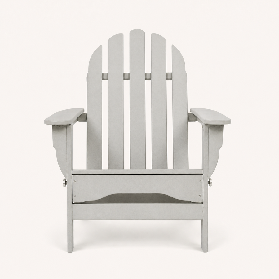 Front | light-gray folding Adirondack chair centered on a warm-white studio backdrop
