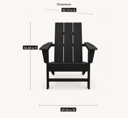 Dimensions | black Adirondack chair with drawn overall dimensions of 34.68 inches high, 29.25 inches wide, and 32.13 inches deep