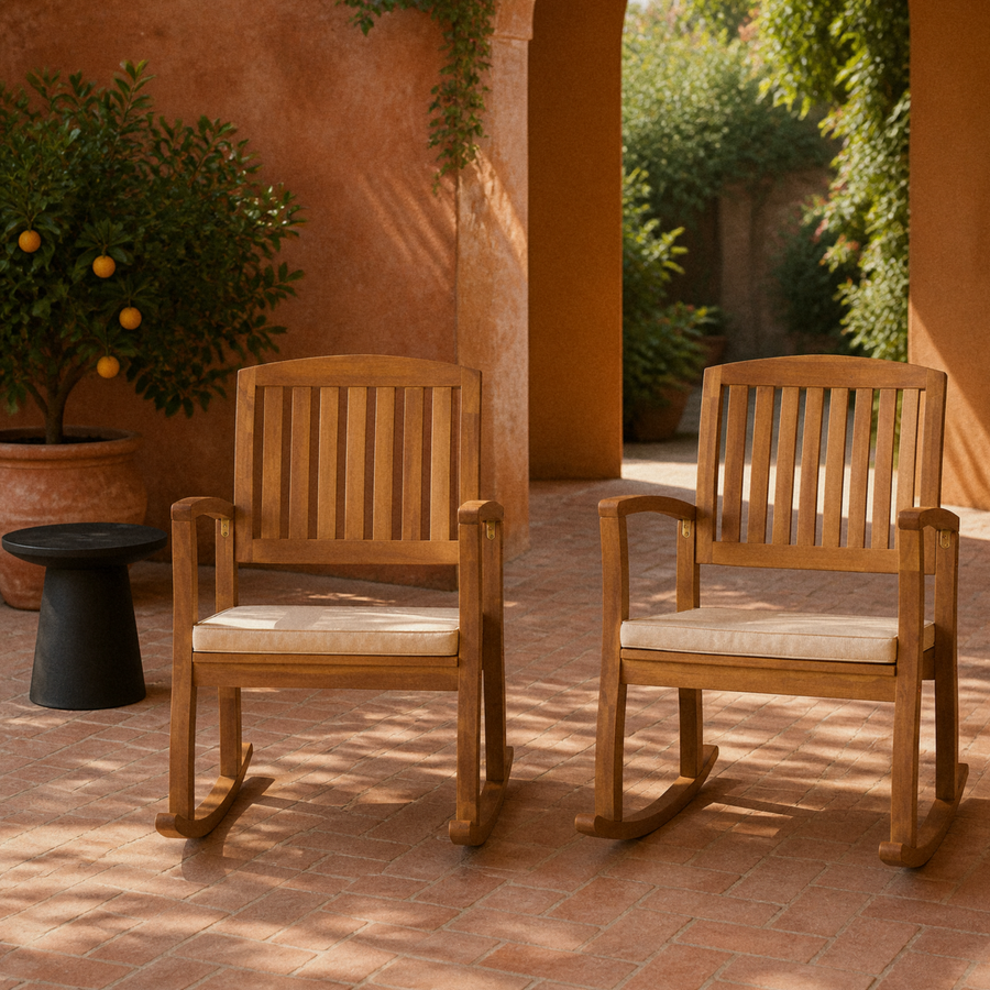 Room | two acacia rocking chairs in a warm terracotta courtyard with curved runners