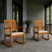 Room | two acacia rocking chairs on a cool slate screened porch with blue-gray siding