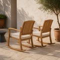 Room | second angle of two acacia rocking chairs on a pale limestone terrace
