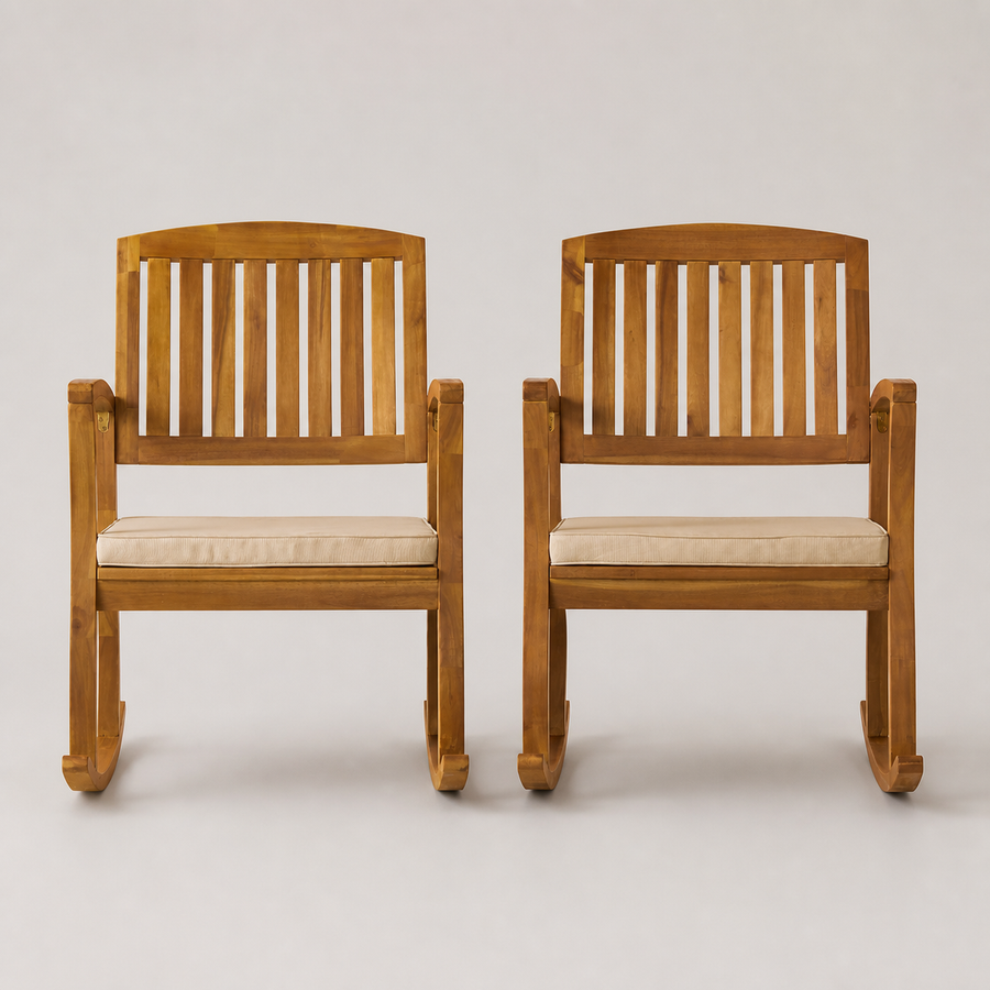 Studio | front view of two acacia rocking chairs with cream woven cushions and curved runners