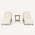 Front | front studio view of two ivory-cushioned acacia chaise lounges with a folding side table