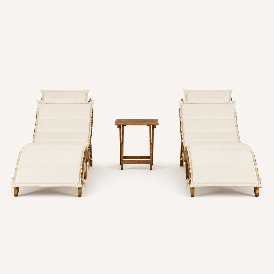 Front | front studio view of two ivory-cushioned acacia chaise lounges with a folding side table