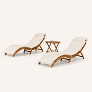 Side | side studio view showing curved acacia chaise lounge profiles and folding side table