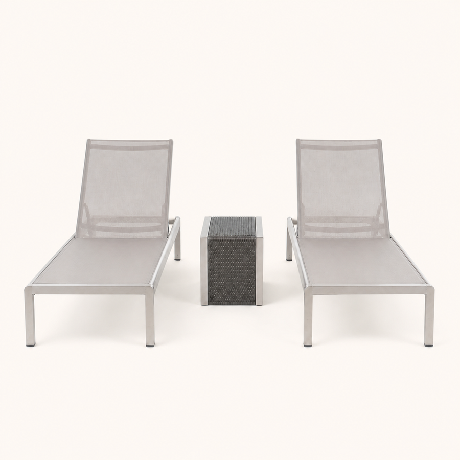 Front studio | full three-piece set with two raised-back chaise lounges and cantilever side table