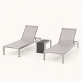 Three-quarter studio | both light gray mesh chaise lounges and woven-top side table on off-white paper